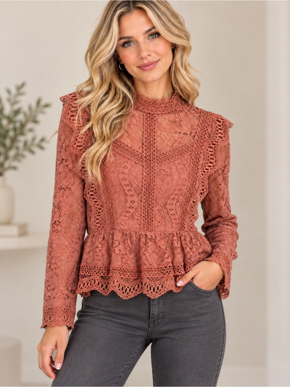 Flying Tomato Lace Peplum Long-Sleeve Top in Dusty Rose Size Small